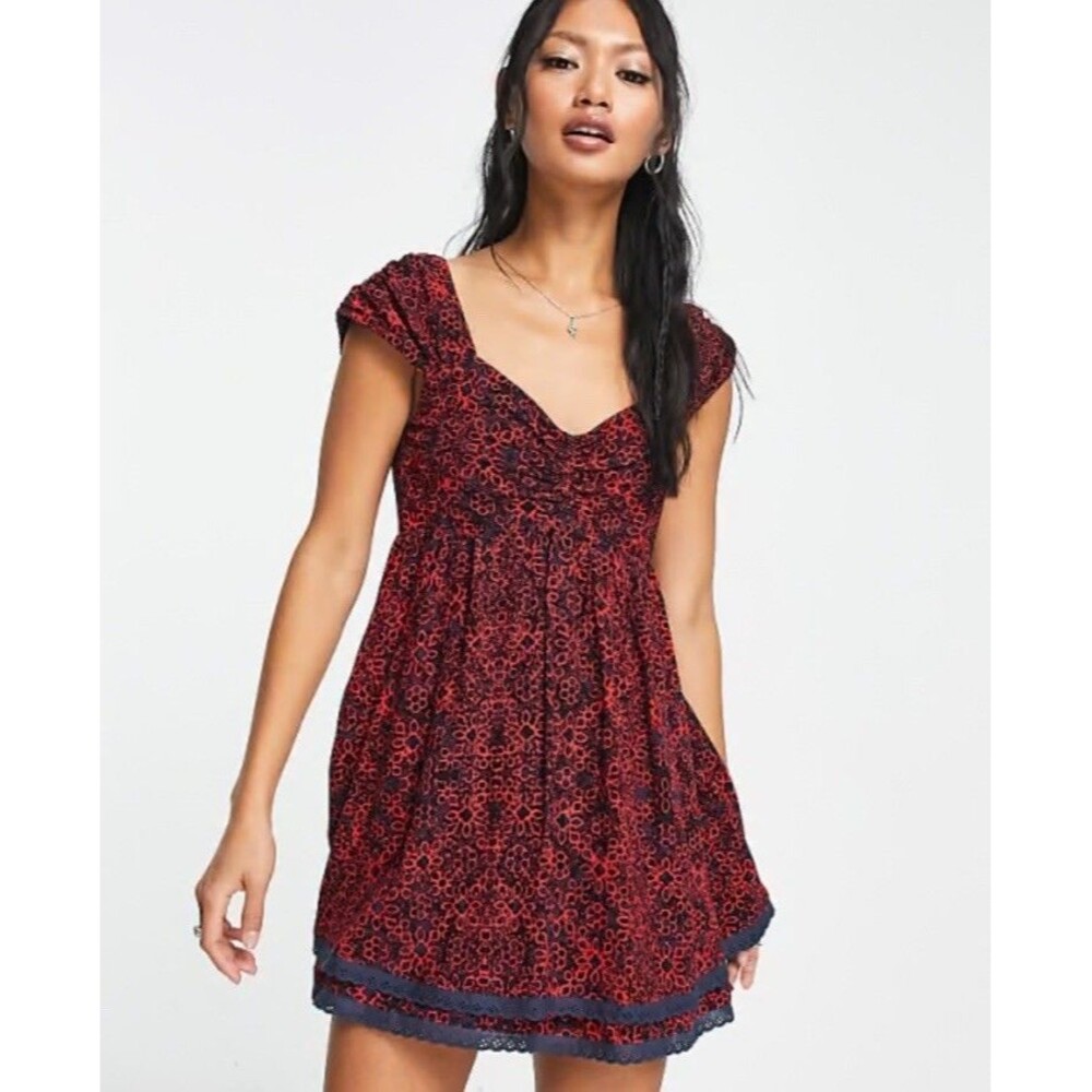 Free People Tabitha Mini Babydoll Boho Dress Cap Sleeve Floral Red Size M